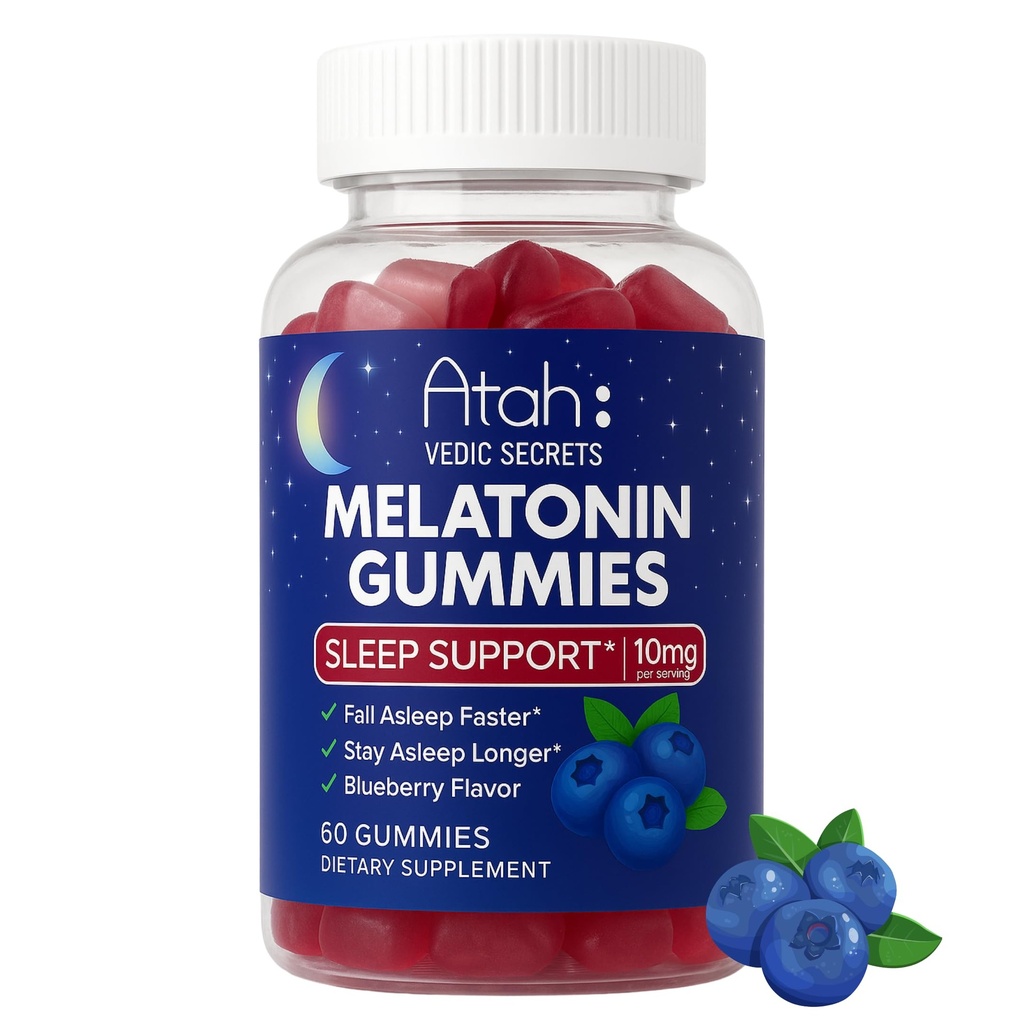 Atah Melatonin Gummies 10mg for Adults | Blueberry Flavor Sleep Support Gummies – Melatonin Supplements, Non-GMO, Gluten Free, Non-Habit Forming – 60 Gummies