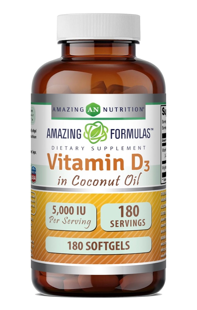 Amazing Formulas Vitamin D3 with Coconut Oil Supplement | 5000 IU Per Serving | 180 Softgels | Non-GMO | Gluten Free | Made in USA