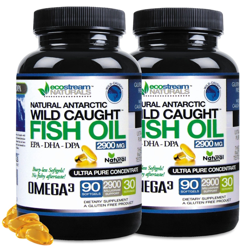 (Pack of 2) Natural Antarctic Wild Caught Omega 3 Fish Oil DPA-EPA-DHA Supplement 2,900 Milligrams Triple Strength Ultra Pure Concentrated SoftGels - No Fish Tasting Burps