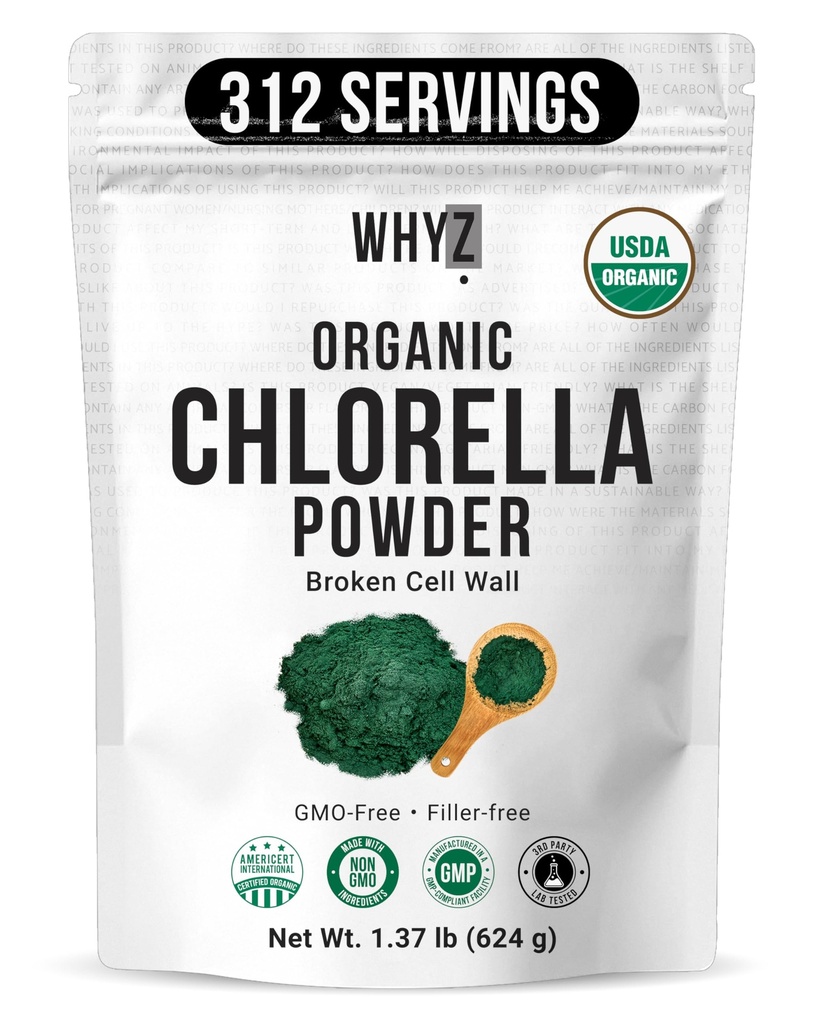 Organic Chlorella Powder, Raw, Premium Superfood Rich in Vegan Protein & Chlorophyll, Non-GMO, Vegan-Friendly Supplement, 312 Servings, 1.37 lb (624g)