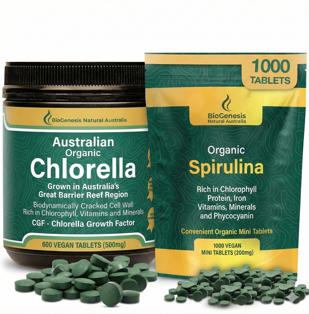 Biogenesis Organic Algae Powerhouse Set: Spirulina (1000 Mini Tabs) + Chlorella (600 Tabs) – Complete Daily Greens for Energy & Immune Support – Cracked Cell Wall, Vitamin B & Iron Rich – Vegan & Non-
