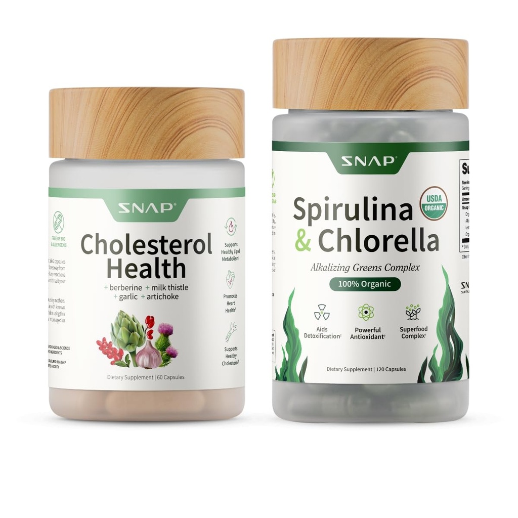 Snap Supplements Cholesterol Health + Organic Spirulina and Chlorella Bundle, 60 + 120 Vegetarian Capsules