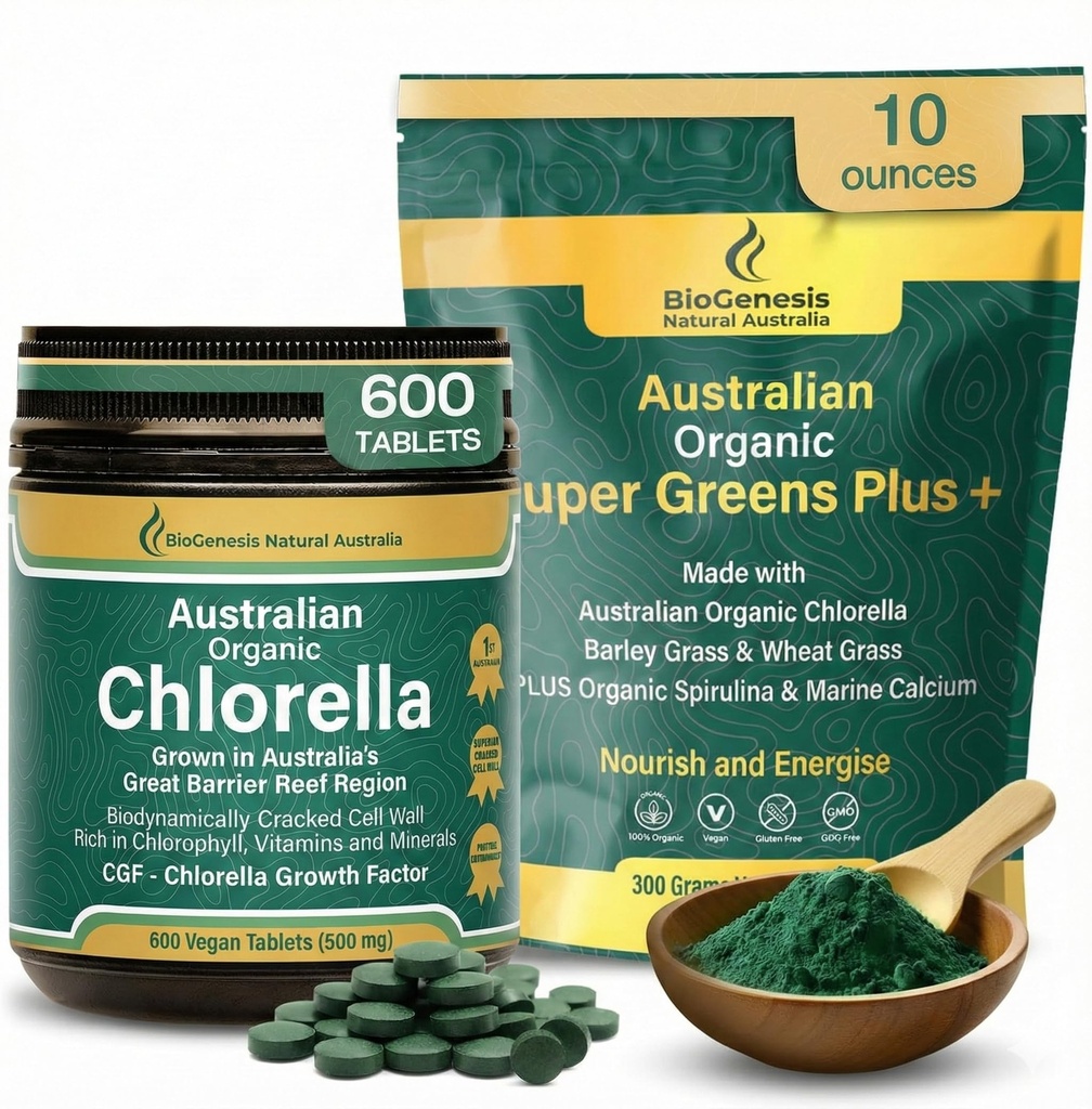 Biogenesis Australian Grown Organic Greens Bundle – Chlorella 500mg Tablets (600 Ct) + SuperGreens Powder (300g) – BioDynamic Cracked Cell Wall & Nutrient Rich Superfood Mix – Supports the Body