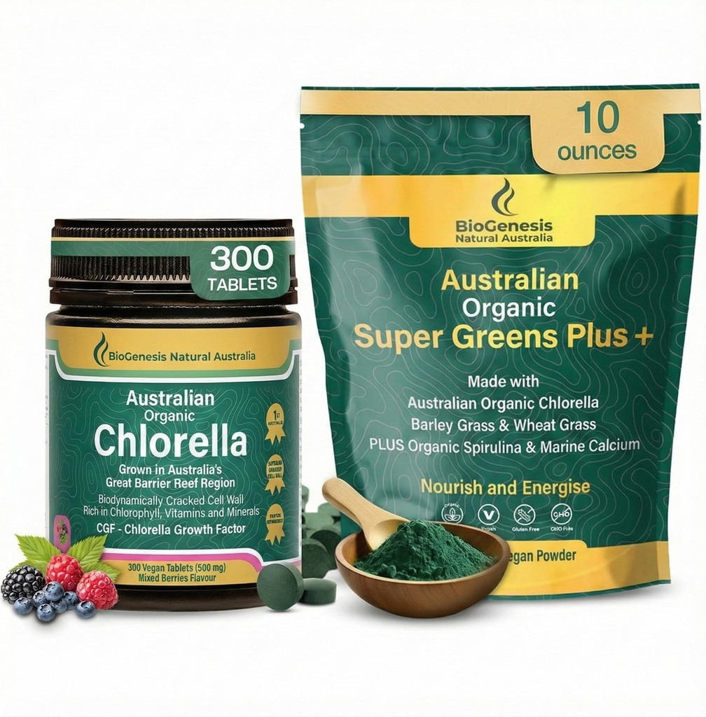Biogenesis Ultimate Greens Stack – Chlorella Tablets (Berry) & SuperGreens Powder – Australian Grown – Organic Spirulina, Wheatgrass, Barley Grass – Immune & Energy