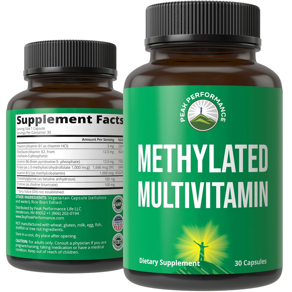 Peak Performance Methylated Multivitamin B Complex Supplement - Trimethylglycine (TMG), L Methylfolate, Methyl B12 + B1 + B2 + B6 Vitamins + Choline - MTHFR Vegan Capsules Supplement for Women & Men