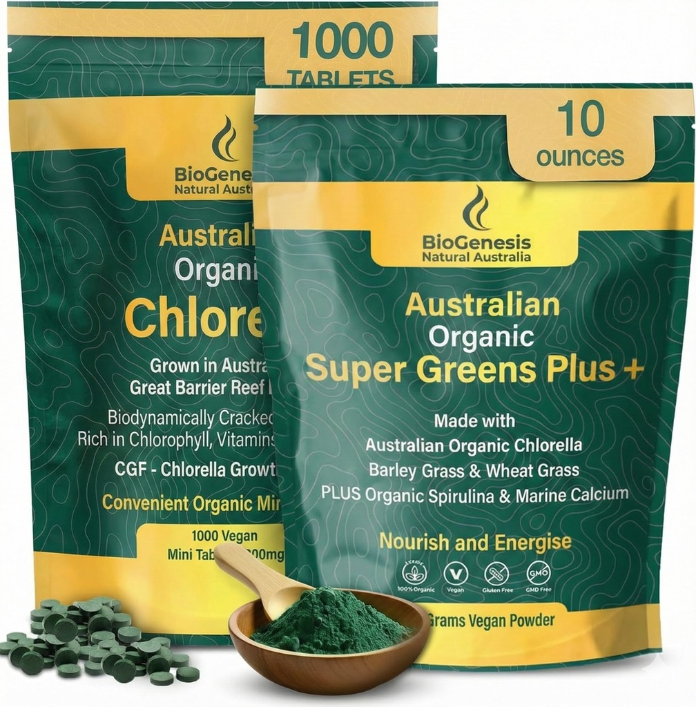 Biogenesis Australian Superfood Bundle – Organic Chlorella Mini Tablets (1000 Count) & SuperGreens Plus Powder (300g) | Contains Spirulina, Wheatgrass & Barley Grass | Daily Greens for Energy, Detox &