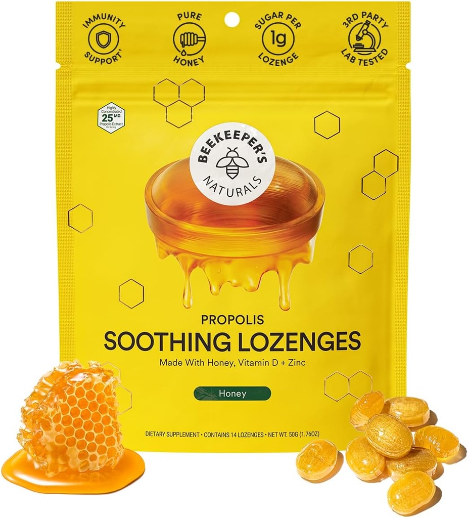 Bouchées de miel apaisantes - Support immunitaire avec vitamine D, zinc et propolis - par Beekeeper's Naturals - Gorges apaisantes, 14 Ct