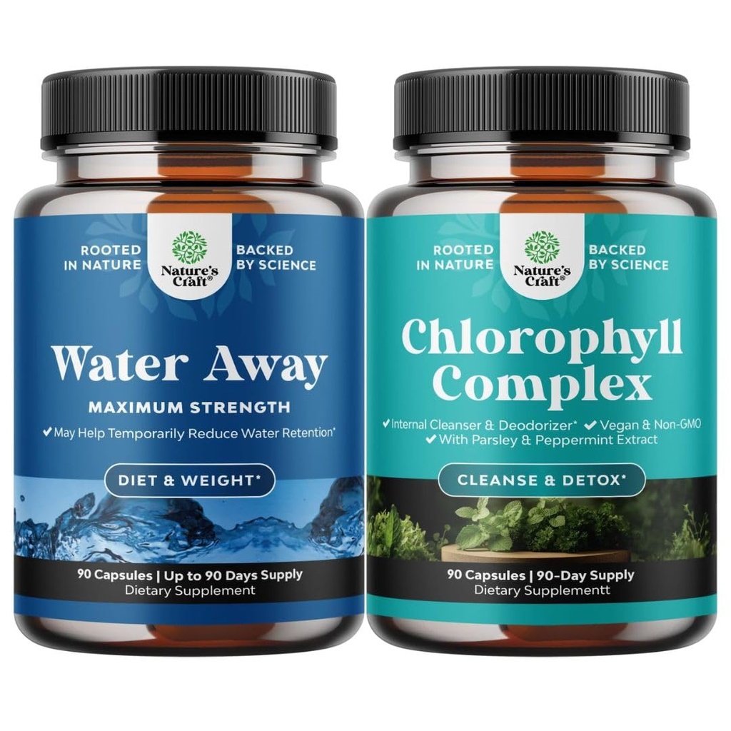 Bundle of Water Away Herbal Diuretic Pills High Strength with Dandelion Leaf Extract & Green Tea for Bloating Relief and Chlorophyll Capsules for Cleanse and Detox Support with Mint & Parsley Extract