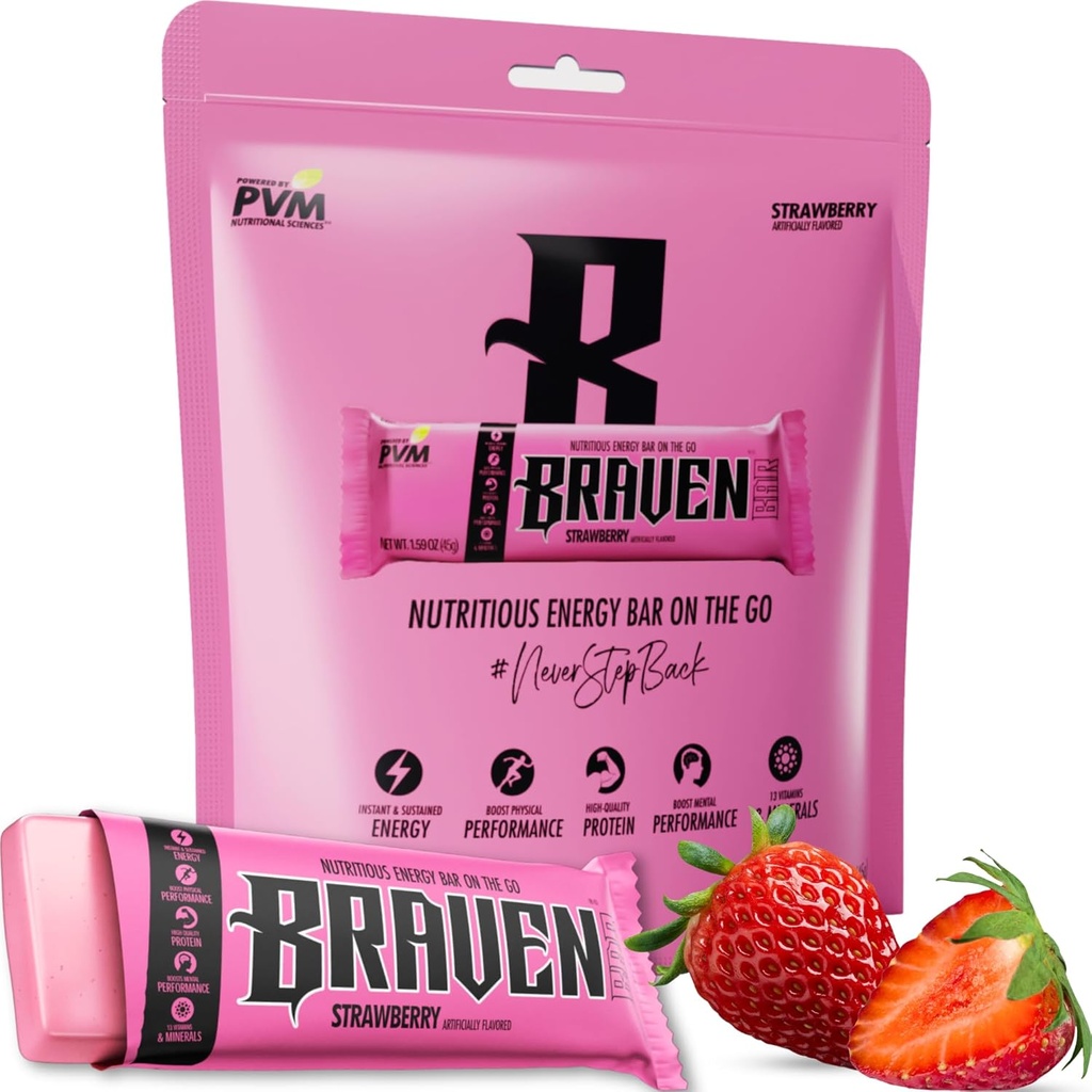 Barres d'énergie à la fraise de Braven Bar (1,59 oz, paquet de 10) – Alternative d'égratignures d'énergie avec 5g de protéines – Snacks on-the-Go pour la course, la randonnée et les sports - Snacks sans gluten - Barres de protéines
