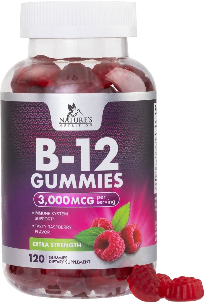 Vitamin B12 Energy Gummies - 3000 mcg per Serving Extra Strength B 12 Gummy for Metabolism, Immune Support - Chewable Dietary B-12 Supplements, Natural Caffeine Free Gummy, Berry Flavor - 120 Gummies