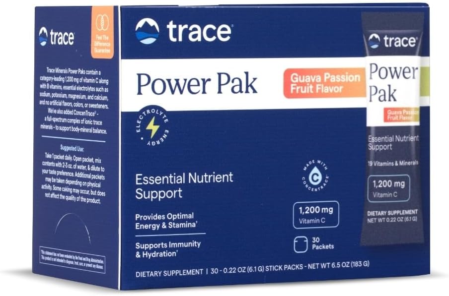 Trace Minerals Power Pak Multivitamiini ja Multimineral Packets - Electrolyte Support - 1200 mg C-vitamiini Plus 70 Guava Passion Fruit Flavor - 30 Packets