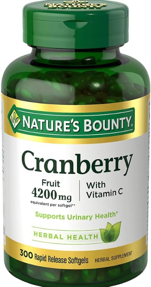 Natures Bounty Cranberry Fruit 4200mg with Vitamin C, Herbal Supplement, Supports Urinary Health, 300 Rapid Release Softgels