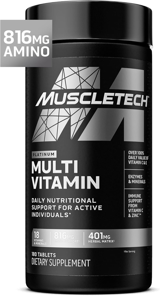 Muscletech Platinum Multivitaminas para homes e mulleres - Suplemento multi-vitamínico para soporte inmune - 18 vitaminas e minerais, vitamina A C D E B6 B12 - Suplementos diarios para homes - 180 cápsulas