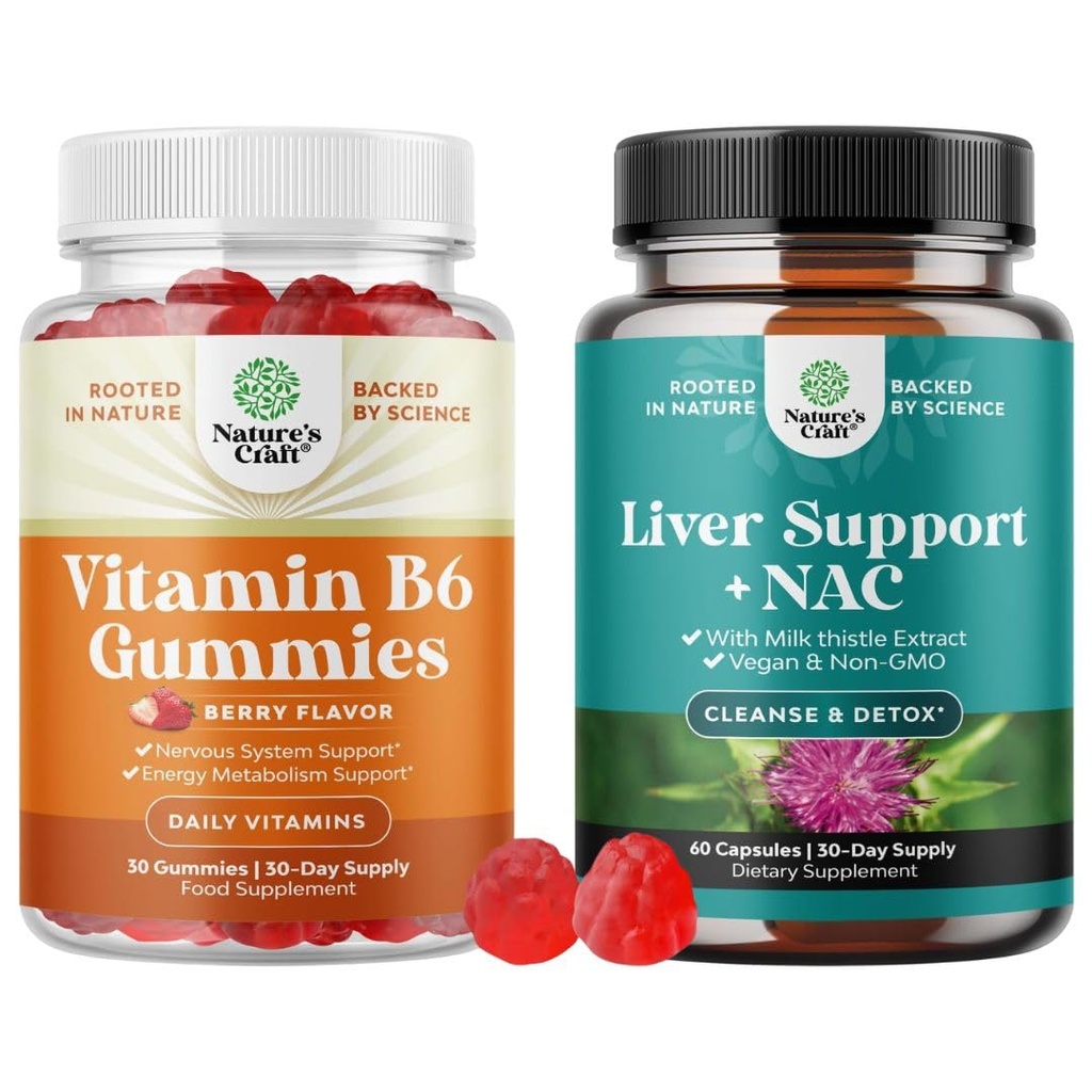 Bundle of Potent Vitamin B6 Gummies for Adults - Vitamin B Complex Supplements for Nervous System and Liver Support NAC Supplement with Milk Thistle for Liver Cleanse Detox & Repair N Acetyl Cysteine