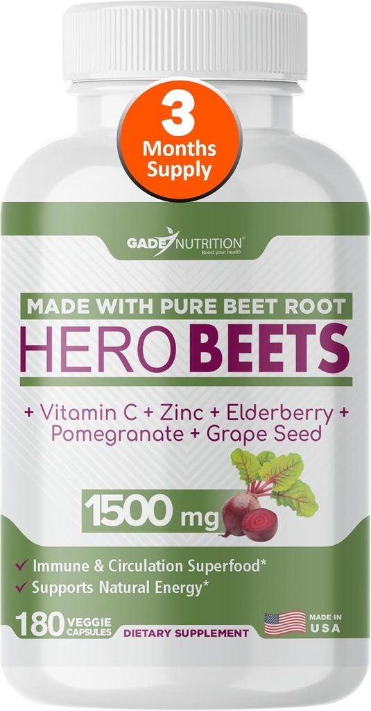 Gade Nutrition Hero Beets - Beterraba Raiz Cápsulas 1500mg - Raiz de beterraba orgânica Pó + Zinco de vitamina C, Elderberry, Romã, Extrato de semente de uva - 3 meses de fornecimento