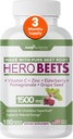 Gade Nutition Hero Beets - Beet Root Capsules 1500mg - Organic Beet Root Powder + Vitamin C Zinc, Elderberry, Pecaciate, Grape Seed Extract - 3 Bulan Suppply
