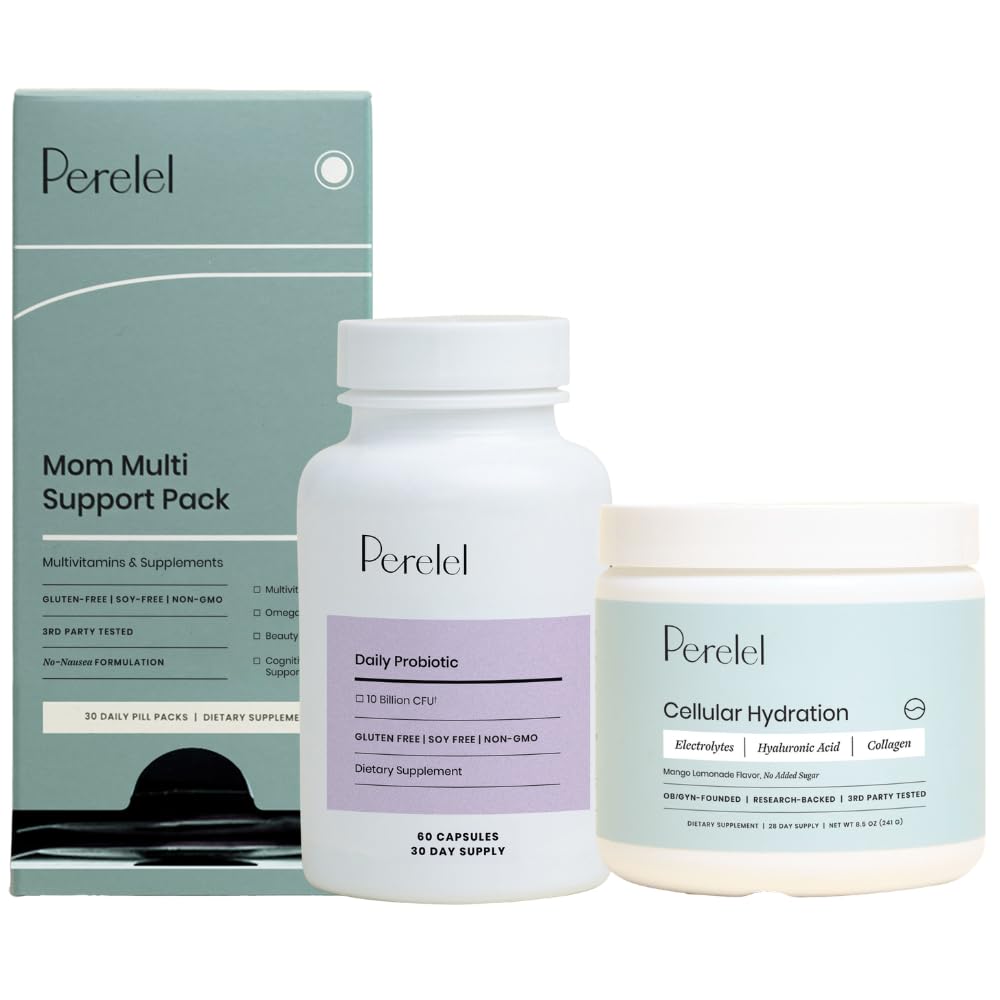 Perelel Postpartum Care Bundle, Mom Multi Support Pack & Hydration Powder & Daily Probiotic, 30 Daily Pill Packs & 28 Servings of Hydration Powder & 60 Capsules