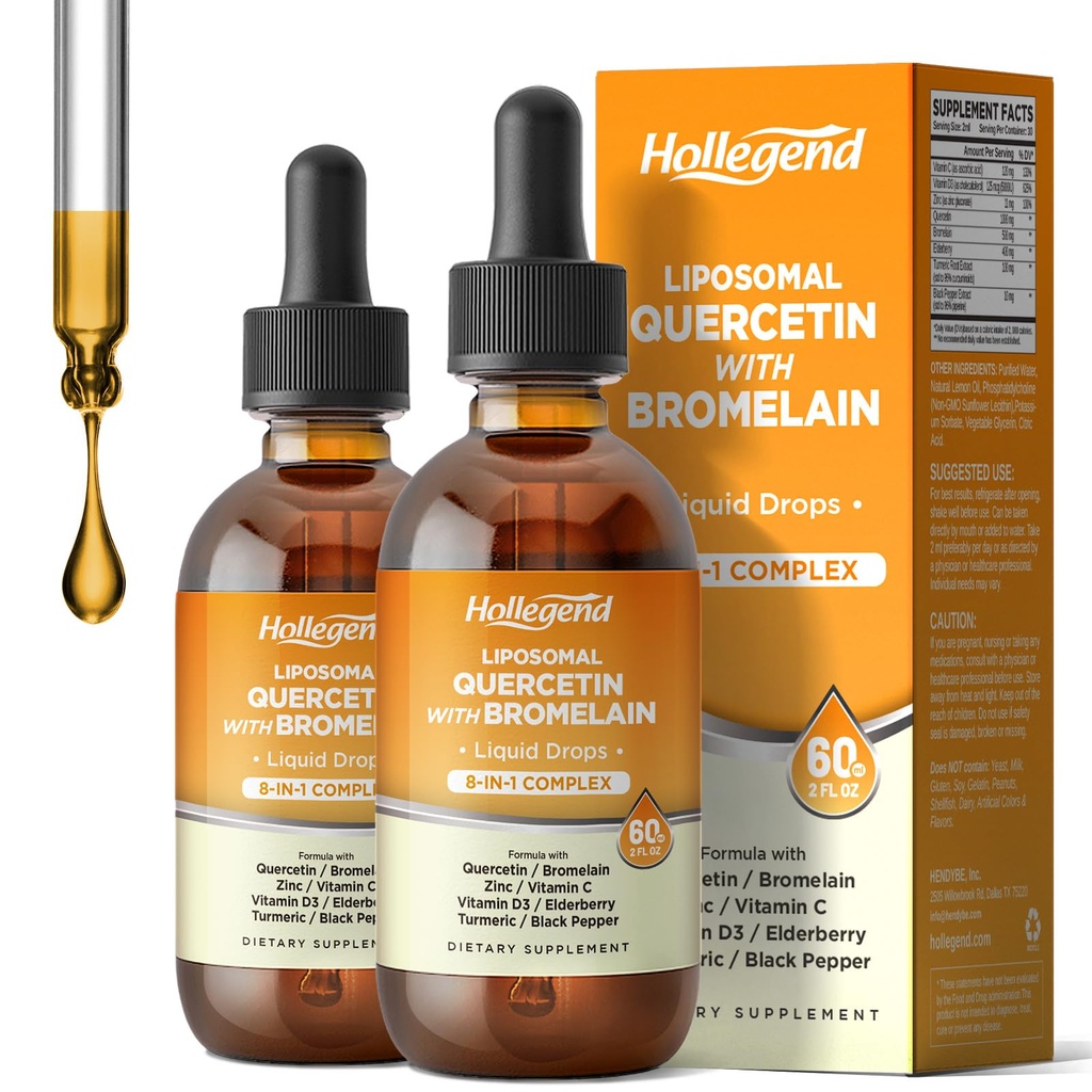 Liposomal Quercetin with Bromelain Liquid Drops, 8 in 1 Organic Quercetin 1000mg Supplements with Bromelain 500mg, Vitamin C, D3, Zinc, Elderberry, Turmeric for Immunity & Respiratory Health, 4 Fl Oz