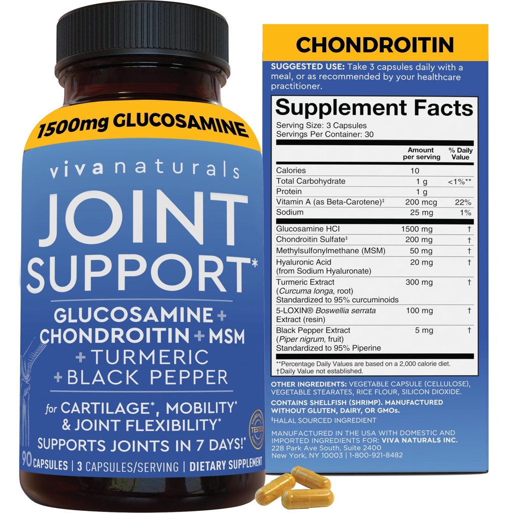 Viva Naturals Glucosamine Chondroitin MSM Joint Support Supplement, 90 Capsules - with Turmeric, Black Pepper, Boswellia and Hyaluronic Acid - Joint Health Supplement for Mobility and Flexibility