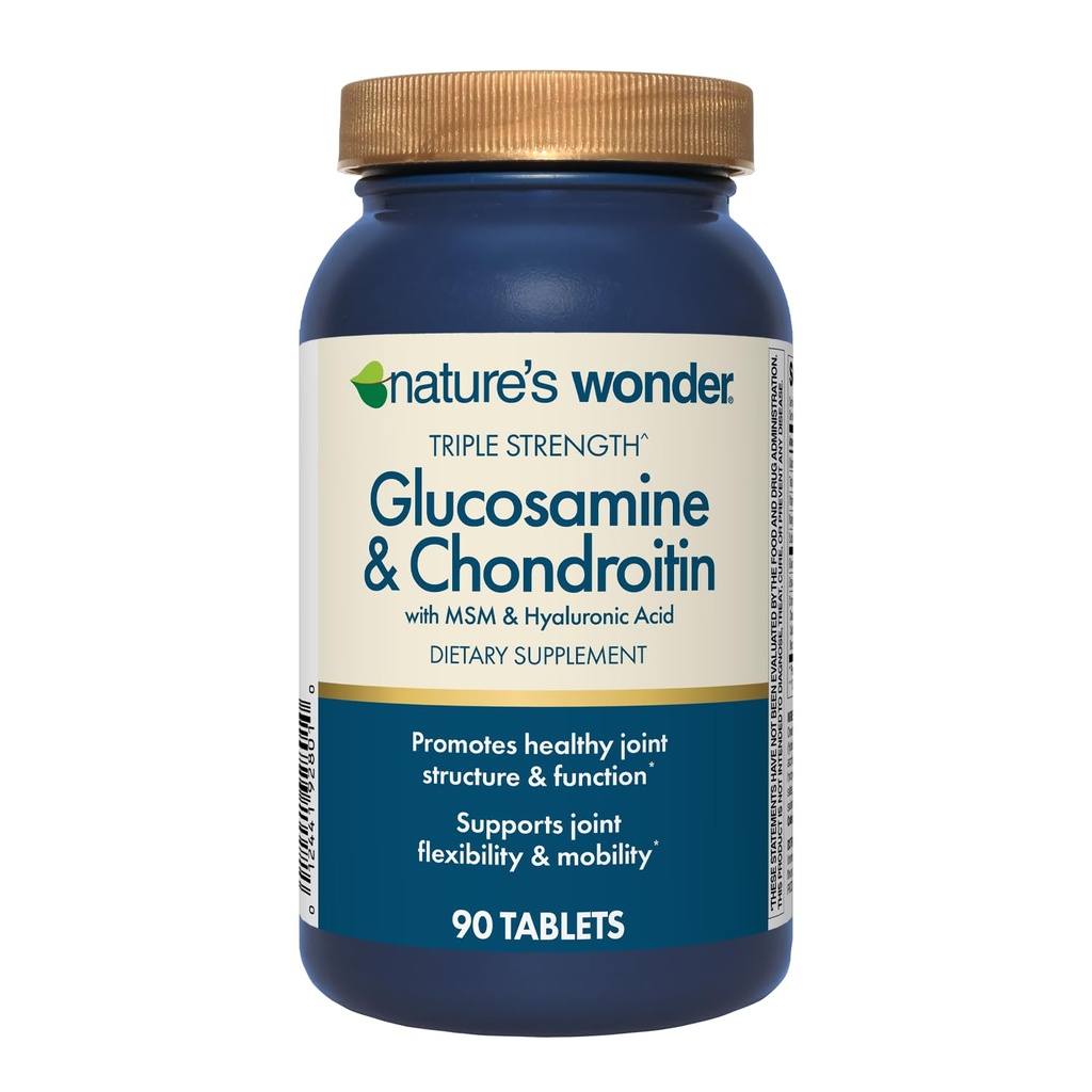 Nature's Wonder Triple Strength Glucosamine Chondroitin with MSM and Hyaluronic Acid and Boswellia for Joint Health, Supports Joint Flexibility and Mobility, 45 Day Supply, 90 Tablets