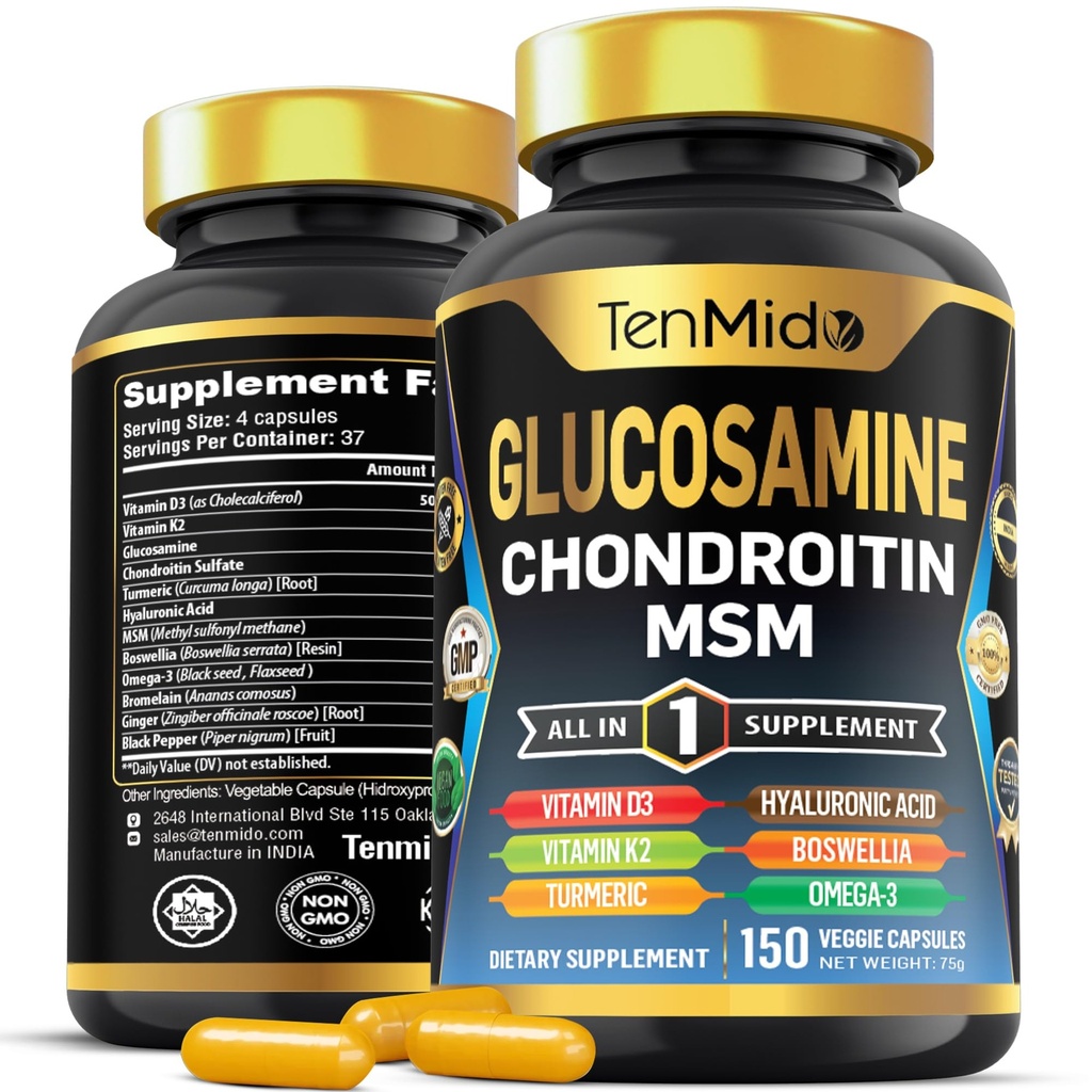 Glucosamine Chondroitin MSM Supplement - 12in1 Formula - Combine with Turmeric, Hyaluronic Acid, Boswellia, Omega-3, Bromelain, Ginger, and More - Joint Health Support - 150 Capsules