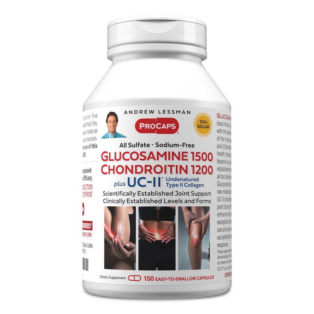 Andrew Lessman Glucosamine Chondroitin + UC-II – 150 Capsules – 100% Sulfate Form, Research Established Ingredients and Levels for Support of Healthy Joint Tissue. Small Easy to Swallow Capsules