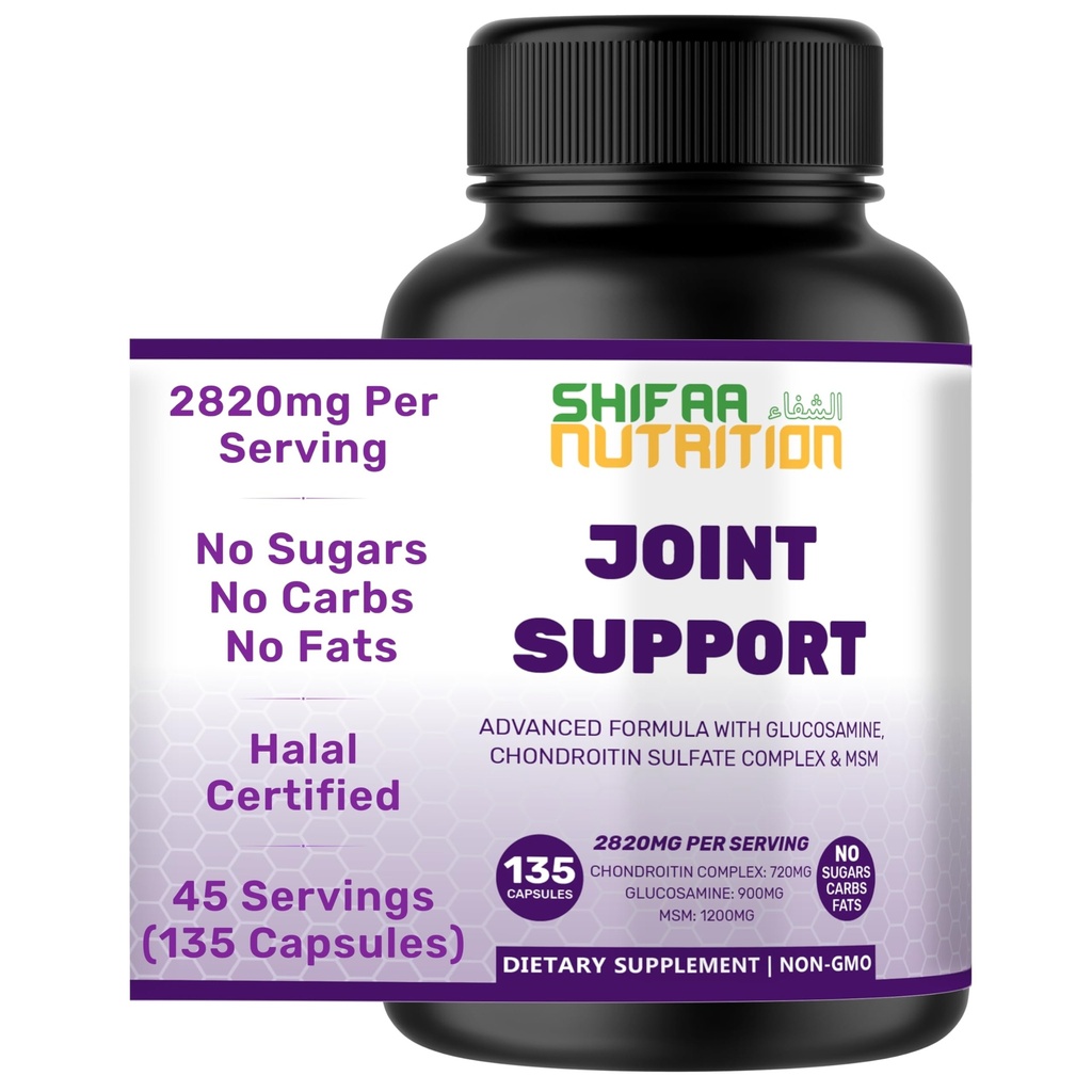 SHIFAA NUTRITION Halal Joint Support Supplement for Men & Women. Glucosamine Chondroitin MSM for Mobility, Cartilage Repair & Joint Comfort, Back & Knee Pain Relief. Non-GMO, Gluten-Free. 135 Capsules
