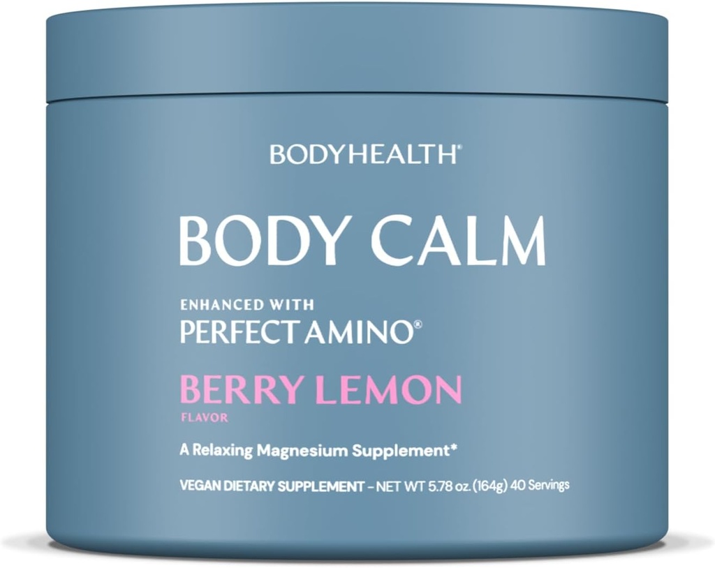 BodyHealth Body Calm Okrepljeno z PerfectAmino, visoka absorpcija Magnezij dopolnilo za moške in ženske, Magnezij prašek za spanje, Berry Lemon (40 Serving)