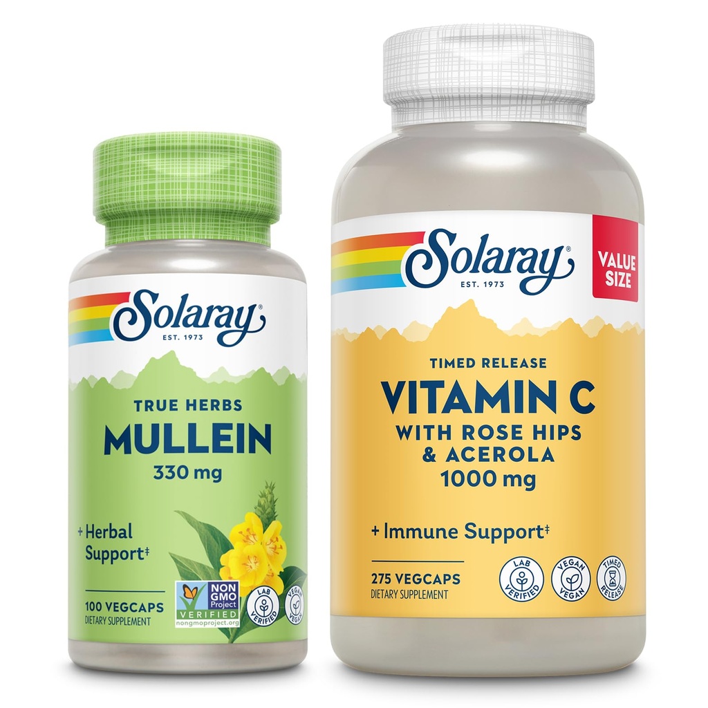 SOLARAY Vitamin C 1000mg and Mullein Leaf Wellness Bundle - Time Release Vitamin C Supplement and Mullein Capsules, Traditionally Used for Wellness Support - Vegan, 60-Day Guarantee, 275/100 VegCaps
