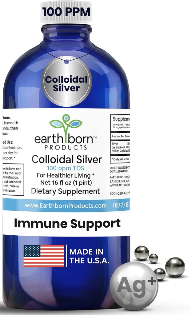 Earthborn Colloidal Silver Liquid (16oz) - 100PPM Pure Monatomic Silver Water - 99.9% Natural Nano Silver Liquid Supplement for Immune Support*, Non-GMO, Glass Bottle | Made in USA