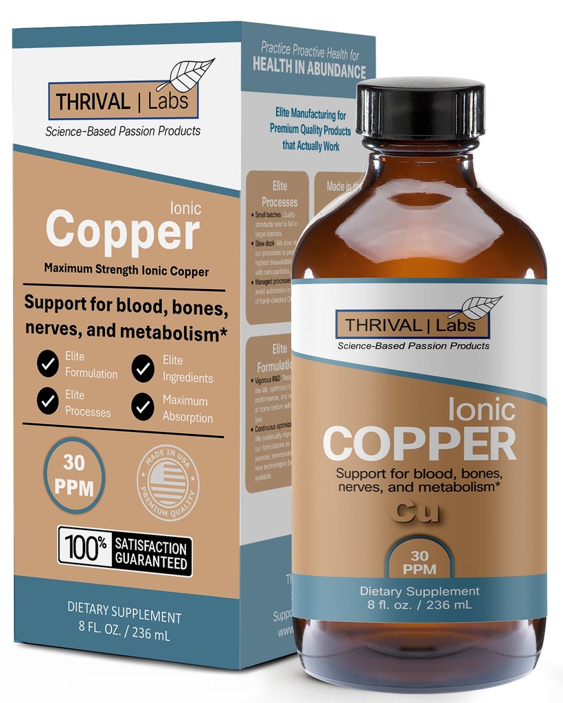 Ionic Copper Drops 30 PPM – Premium Bioavailable Liquid Copper Supplement for General Wellness & Trace Mineral Support – Amber Glass Bottle with Dropper – 8 fl oz