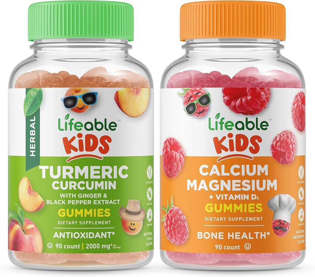 Lifeable Turmeric Curcumin Kids + Calcium Magnesium Kids, Gummies Bundle - Great Tasting, Vitamin Supplement, Gluten Free, GMO Free, Chewable Gummy