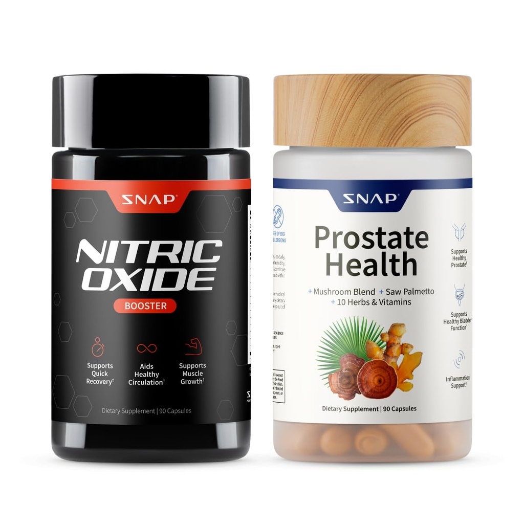 Snap Supplements Nitric Oxide Booster + Prostate Health Supplements for Men, Circulation, Stamina & Urinary Support, L-Citrulline, L-Arginine, Saw Palmetto for Men, Caffeine-Free, 90 Capsules Each