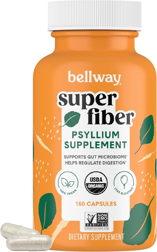 Bellway Super Fiber Capsules - USDA Organic Psyllium Husk Capsules - Kasdien Psyllium Husk Fiber Addition for Digestive Health and Regularity - Augalų pagrindo, Non- GMO, Kosher - 160 Capsules