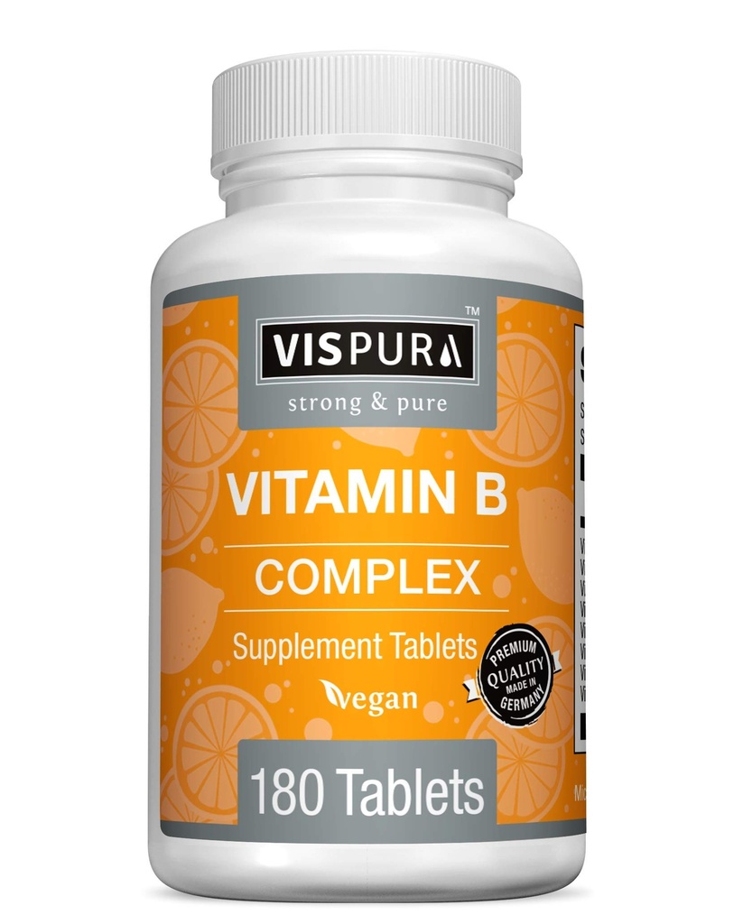 Vitamin B-Complex, 180 Vegan Tablets, All B Vitamins Including B12, B1, B2, B3, B5, B6, B7, B9, Folic Acid, for Stress, Energy and Healthy Immune System*, Natural Supplement Without Additives