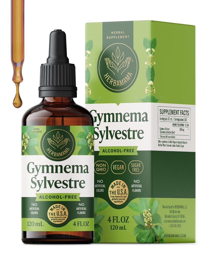 HERBAMAMA Gymnema Sylvestre Drops - Vegan Antioxidant & Overall Support with Gymnema Leaf Extract Tincture - Non-GMO, Alcohol & Sugar-Free Liquid Gurmar Supplement, 84-Day Supply