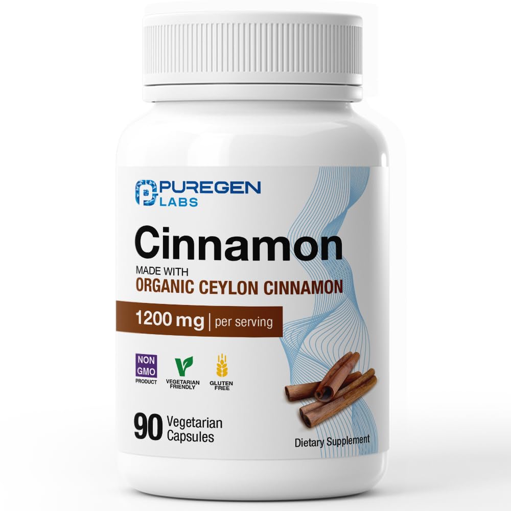 Puregen Labs Organic Cinnamon (Ceylon Cinnamon) 1,200mg per Serving 90 Veggie Caps - No Harmful Additives | Non-GMO | Gluten-Free