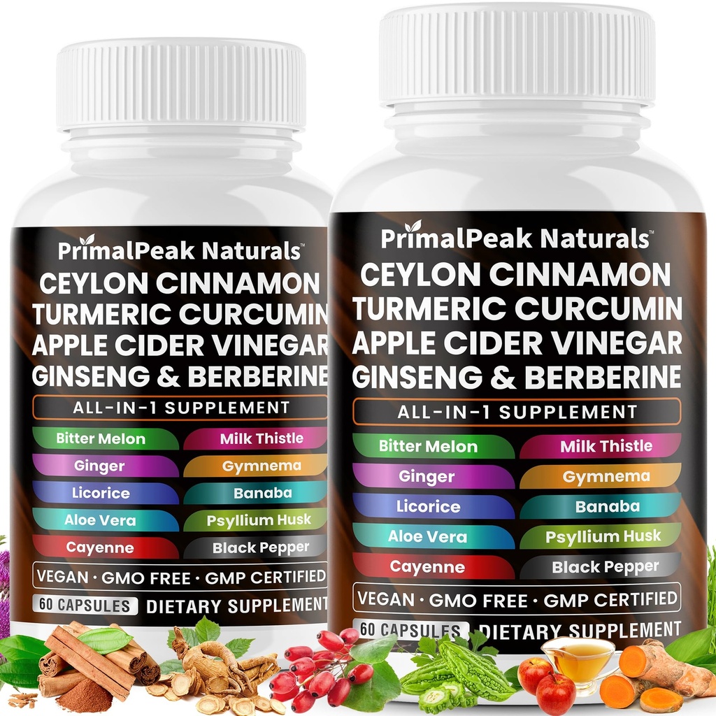 Ceylon Cinnamon Apple Cider Vinegar Turmeric Curcumin Panax Ginseng Berberine with Bitter Melon Banaba Milk Thistle Gymnema Sylvestre Vegan Capsules - 120 Count