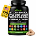 Ceylon Cinnamon Capsules with Berberine, Apple Cider Vinegar, Turmeric Curcumin, Chromium, Gymnema Sylvestre, Ginseng - Daily Wellness Supplement 120 Caps Made in USA