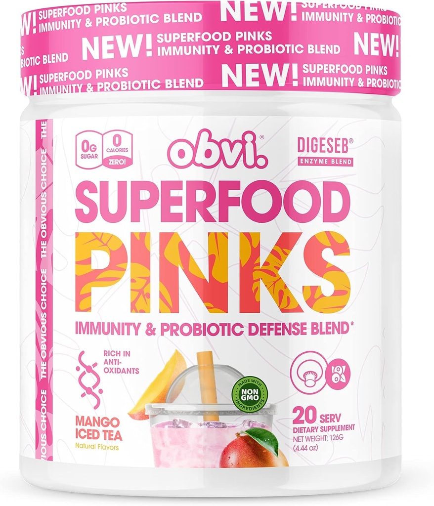 Obvi Superfood Pinks Probiotic Blend | Rich in Antioxidants, Adaptogens, Digestive Enzyme Blend, Immune Support, Gut Health | Keto, Gluten-Free, No Sugar, 10 Billion CFU | Mango Iced Tea, 20 Servings