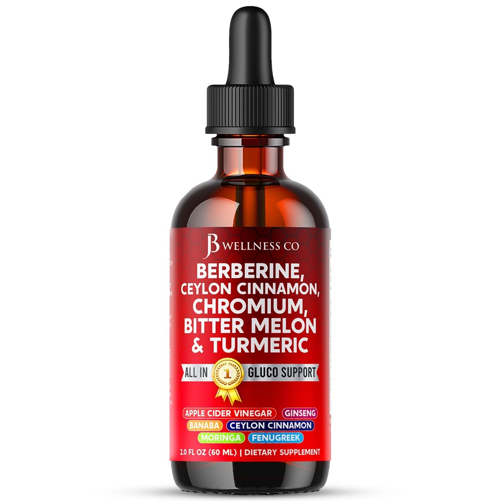 Berberine with Ceylon Cinnamon Supplement Liquid Drops + Bitter Melon Extract, Glucomannan, Gymnema, Chromium, Turmeric, Panax Ginseng, Moringa- 2 OZ