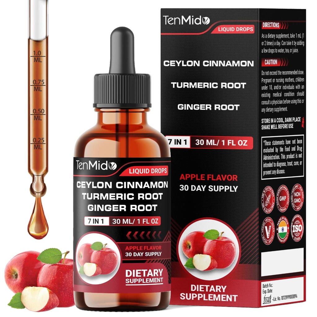 Ceylon Cinnamon Extract Liquid Drops - 7in1 with Turmeric, Berberine HCl, Ginger, Apple Cider Vinegar, Dandelion, and Black Pepper - Vegan, Non-GMO - 30ml 1 Fl Oz