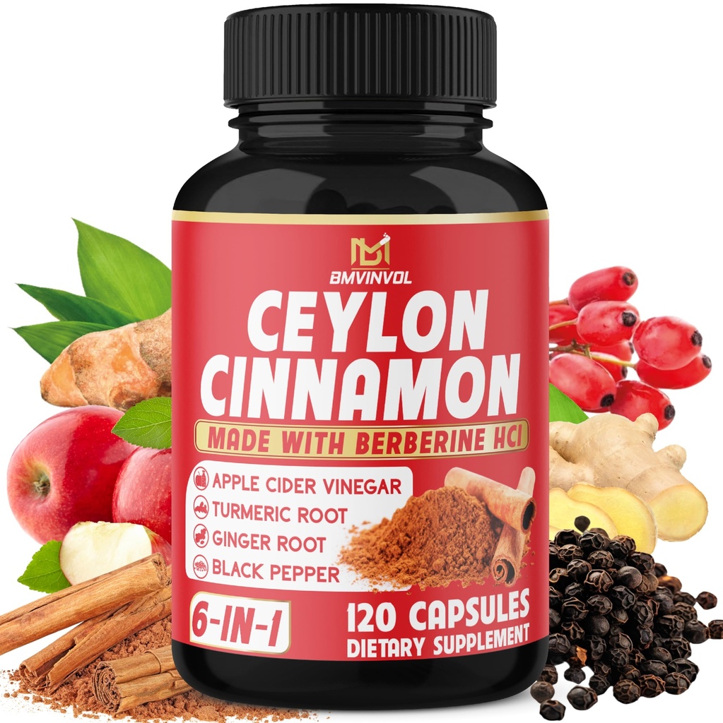 Ceylon Cinnamon Capsules - 120 Capsules - High Potency with Apple Cider Vinegar, Turmeric, Ginseng, Berberine - 2 Month Supply
