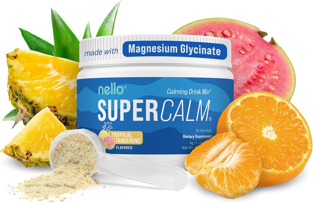 Nello Supercalm Powdered Drink Mix, Tropical Tangerine, L Theanine, Ksm-66 Ashwagandha, Magnesium Glycinate, Vitamin D 3, supplements for restation " Focus, Natural, No Sugar, Non GMO, 30 Srvg