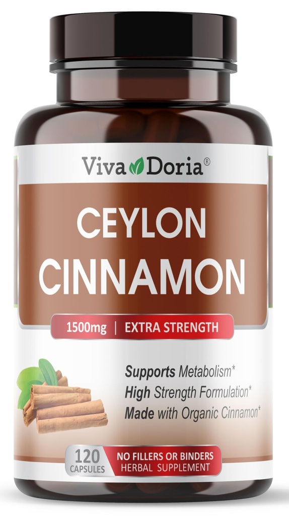 Viva Doria Ceylon Cinnamon, 120 Veggie Capsules, 1500mg Per Serving, Gelatin Free, Made from Organic True Ceylon Cinnamon, 120 Vegetable Capsules