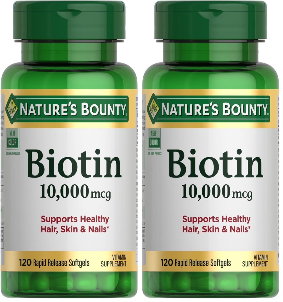 Nature's Bounty Biotin Hair Skin and Nails Vitamins, Supports Healthy Hair, Skin and Nails, 10,000 mcg, 120 Softgels (Pack of 2)