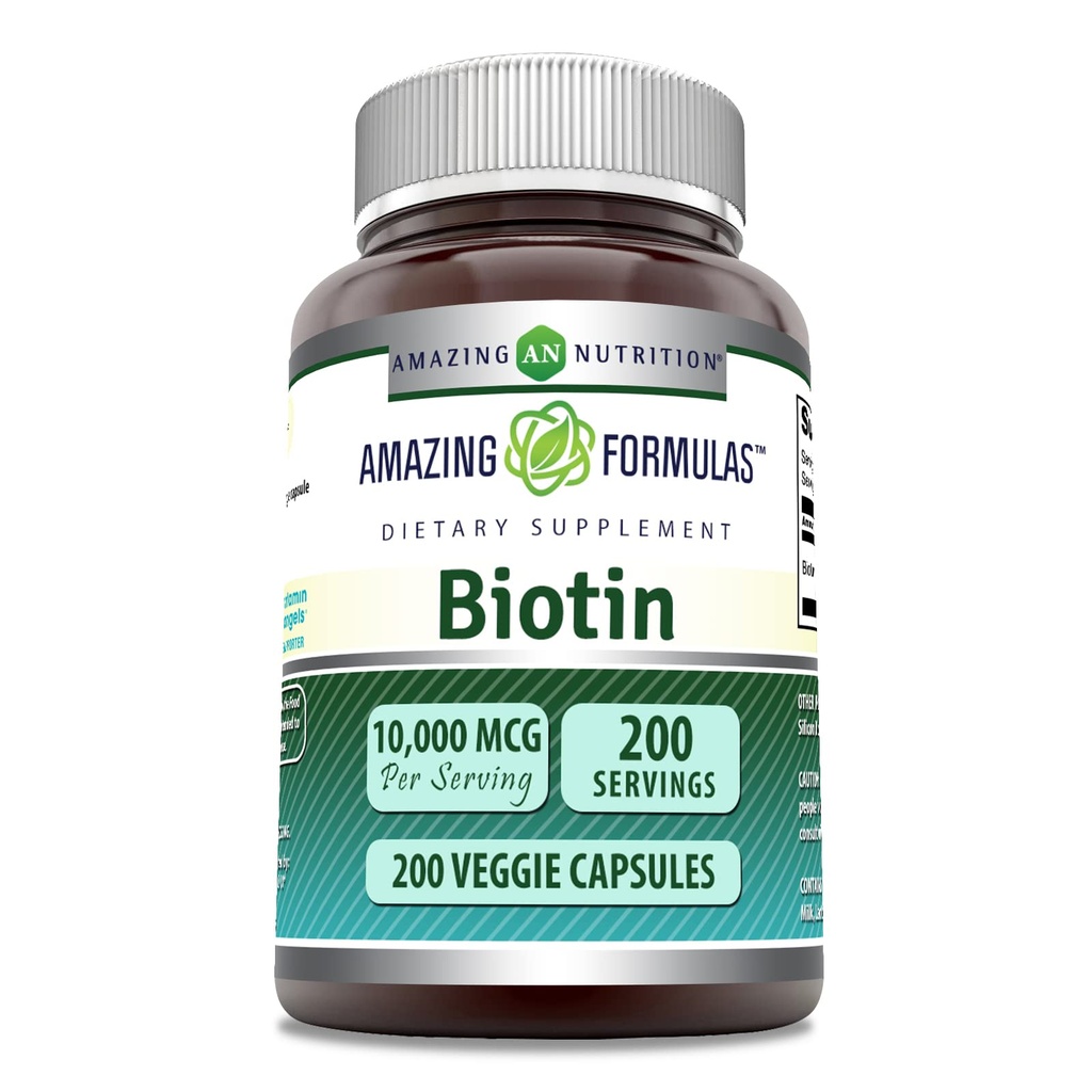 Amazing Formulas Biotin 10,000 Mcg Supplement | 200 Veggie Capsules | Non-GMO | Gluten-Free | Made in USA | Suitable for Vegetarians