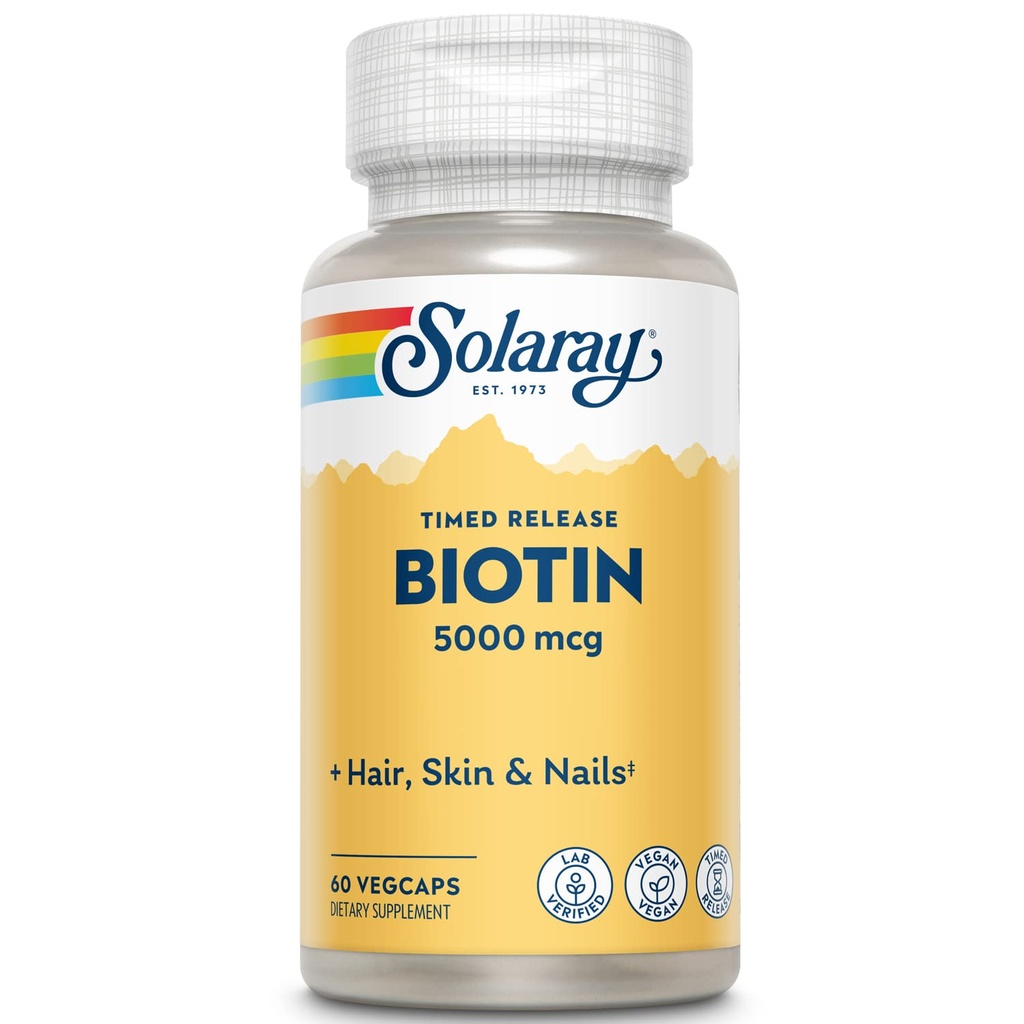 Solaray Timed-Release Biotin 5000 mcg - Pure Biotin 5000mcg for Hair, Skin, and Nails, Hair Vitamin for Women and Men, Vitamin B 7 Pills - 60 Vegan Capsules