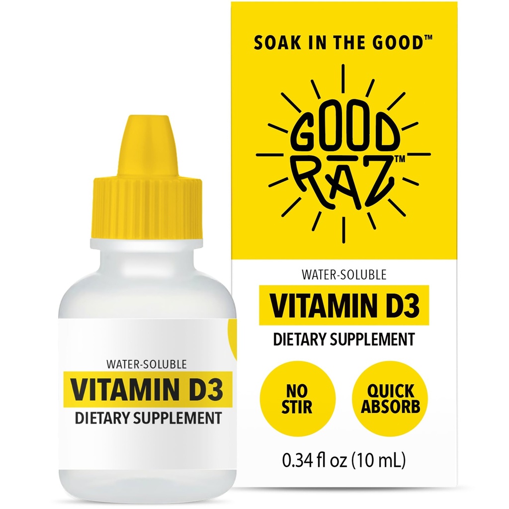 Vitamin D3 Drops for Adults 4-Month Supply – Water-Soluble Liquid Vitamin D, Non-GMO, Kosher Supplement – Easy to Absorb, No Stir, Flavorless D3 Liquid for Food or Drink