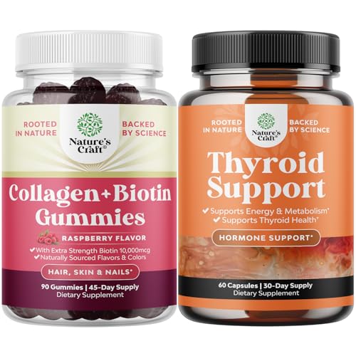 Bundle of Hair Skin and Nails Gummies for Women - Extra Strength Biotin & Collagen and Herbal Thyroid Support - Potent Kelp Iodine Supplement with L Tyrosine, Bladderwrack, Selenium & Pure Ashwagandha